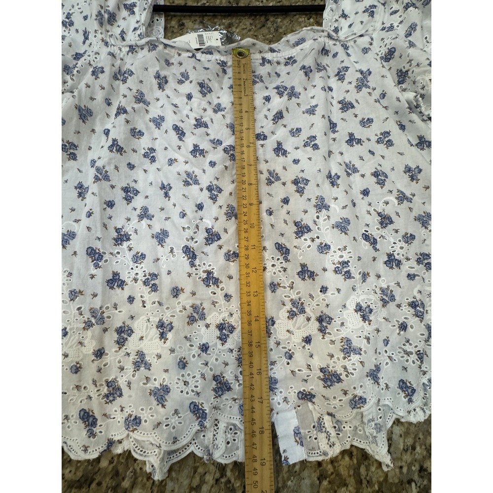 NWT Anthropologie Puff-Sleeve Eyelet Top Cotton Ivory Blue Floral Size Large - Picture 8 of 13
